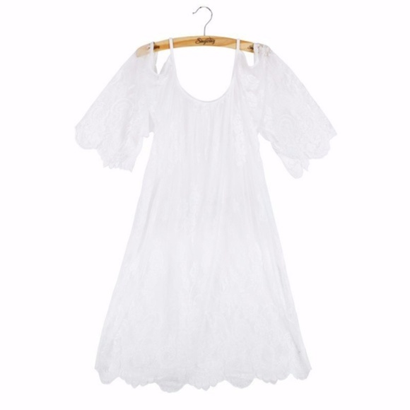 White Lace Chemise Cold Shoulder Cover Up Dress - Picture 5 of 8
